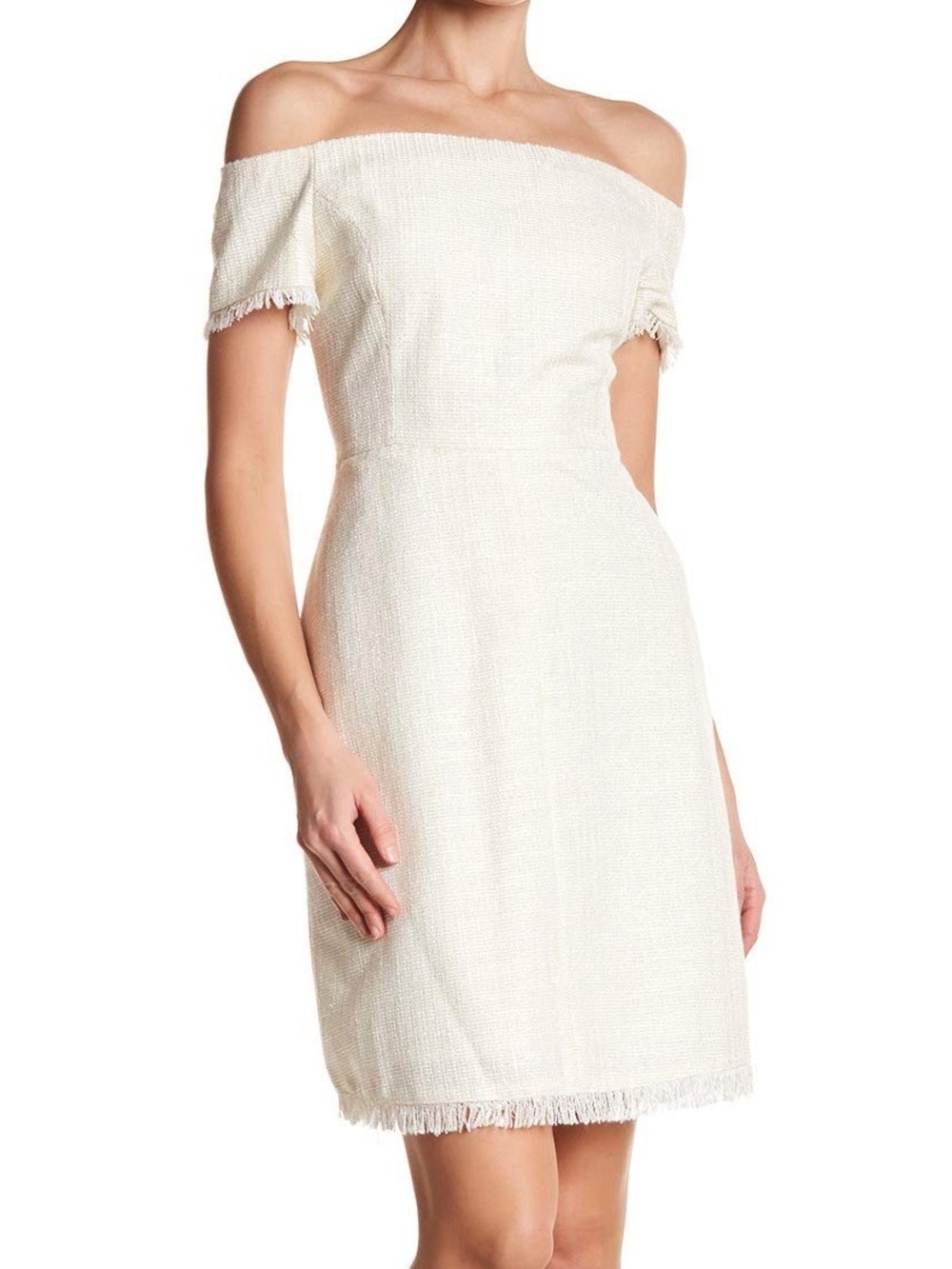 Nanette Lepore Off-Shoulder Tweed Fringe Cream Strapless Dress